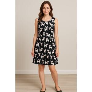 Black White Cat Print Fit & Flare‎ Dress Whimsical Novelty Office classroom Sm